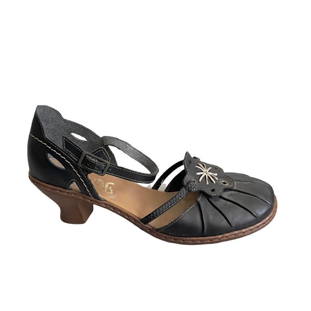 RIEKER Leather Mary Jane Style Sandals Shoes Ankle Strap Heel Black 38